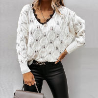 Autumn Elegant V-Neck Lace Patchwork Lady Knit Sweaters Winter Warm Casual Long Sleeve Pullover Tops Fashion Solid Female Jumper