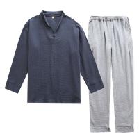 Autumn And Winter Mens Soft Solid Color Pajamas Set 100 Gauze Cotton Top Pants 2PCS Sleepwear Loose Full Sleeve Pants Homewear