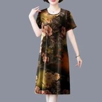 Middle-aged and elderly mothers clothes 2022 new large-size loose belly-covering ice silk dress summer fashion foreign style mid-length skirt ❤