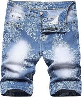 Men Digital Print Denim Shorts Summer Floral Painted Stretch Jeans Fashion Knee Length Breeches