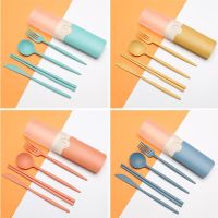 Portable Reusable Spoon Fork Travel Picnic Chopsticks Wheat Straw Tableware Cutlery Set With Carrying Box For Student Office Flatware Sets