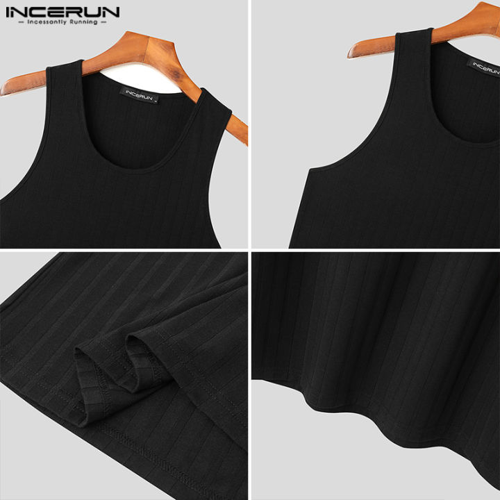 incerun-เสื้อกล้ามผู้ชายแขนกุดลายทางเรียบระบายอากาศได้ดีเสื้อกล้ามแนวสปอร์ต-สไตล์เกาหลี