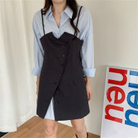 HziriP All Match Slim Women Two Pieces Sets Mid-Length Autumn Solid Loose Shirts 2021 Irregular New Chic OL Slip Split Dress