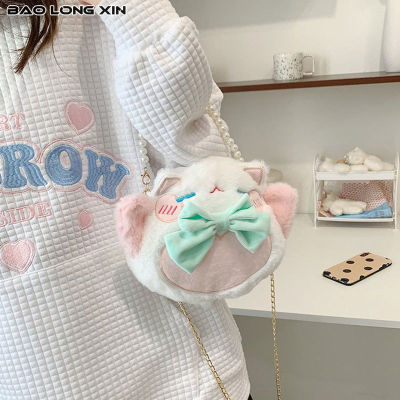 กระเป๋าแฟชั่นสำหรับเด็ก BAOLONGXIN ตุ๊กตาหนานุ่มเด็กลายการ์ตูนสะพายข้างกระเป๋าสะพายไหล่แมวให้โชคญี่ปุ่น