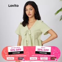 COD dhdfxcz Lovito Casual PlainTie Front Short Sleeve Ruffle Hem Women Blouse L21AS003 (Light Green)