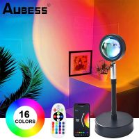 Aubess Tuya 16สี Sunset Lamp Projector RGB Led Night Light Bluetooth Sunset Lamp Tuya Smart APP รีโมทคอนโทรลตกแต่งห้องนอนถ่ายภาพของขวัญ