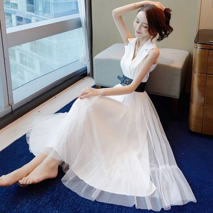 กระโปรงยาวแฟชั่นกระโปรงฤดูร้อนของผู้หญิงสีขาวบางชุดเดรสสไตล์เกาหลี2023แบบมืออาชีพกระโปรงยาวสีขาว