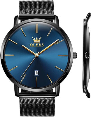 OLEVS Mens Watch Fashion Minimalist Chronograph Quartz Analog Mesh Stainless Steel Waterproof Luminous Watches for Men with Auto Date blue balck