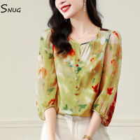SNUG 2023 summer new fashion high-end temperament chiffon blouse to cover the stomach loose mulberry silk seven-point sleeve blouse