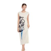 Womens Dress Pleated Dress Printed Long  with A High-end Feel and Slim Round Neck Sleeveless Vest Dress