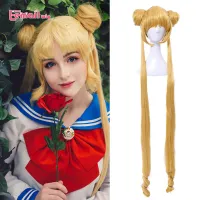 L- วิกผมสังเคราะห์ผม Usagi Tsukino คอสเพลย์วิกผมซูเปอร์ยาวสีบลอนด์วิกผมที่มีขนมปังทนความร้อนคอสเพลย์วิกผมฮาโลวีน