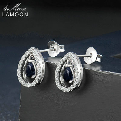 LAMOON 925 Sterling Silver Earring Gemstone Dark Blue Color Sapphire Stud Earring 18K White Gold Plated Fine Jewelry LMEI054