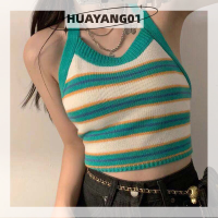 HUAYANG01 [2023 new HOT FASHION] lazlook ผู้หญิง Halter Tops เซ็กซี่ Y2K Crop Tops ลายถัก backless ชุดผ้าพันแผล Crop Tops