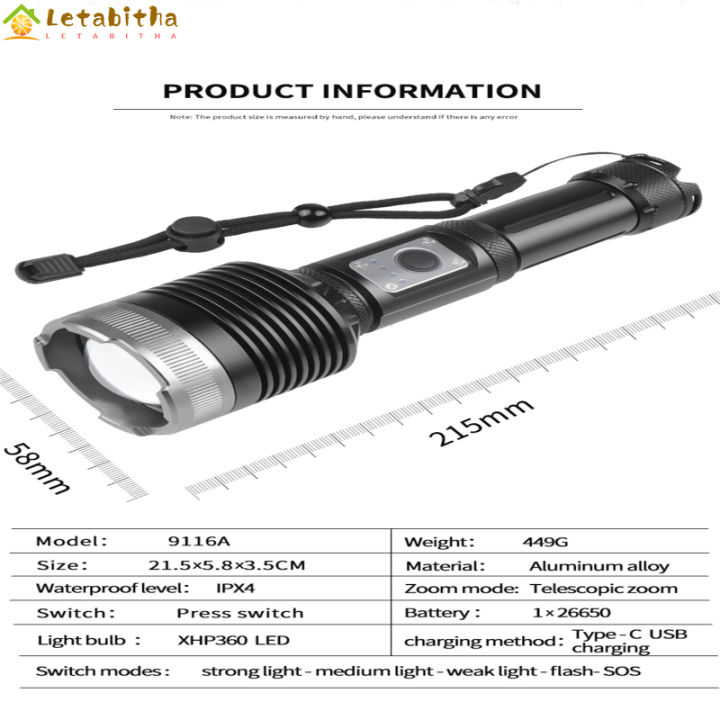 letabitha-ไฟฉายจิ๋ว-led-xhp360-2000-2500ลูเมน-ไฟฉายอัลลอยด์อะลูมิเนียมสว่างมากระยะไกลสว่างมาก