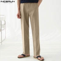 INCERUN กางเกงขายาวลำลองขาตรงสำหรับผู้ชายวินเทจ Chino กางเกงขายาวทรงหลวมสำหรับออฟฟิศ (สไตล์เกาหลี)