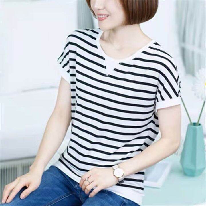 may-shopรุ่น-319-สไตล์เกาหลีรุ่นใหม่หลวมและบางแนวโน้มขนาดใหญ่เสื้อยืดแขนสั้นผู้หญิงลายทางในฤดูร้อน-bottoming-พร้อมส่ง