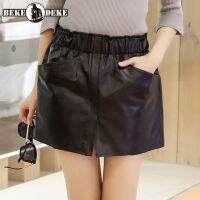 Street 100 Real Leather Skirt Female High Waist Sheepskin A-Line Short Skirt Fashion Elastic Waist Pocket Black Casual Skirt