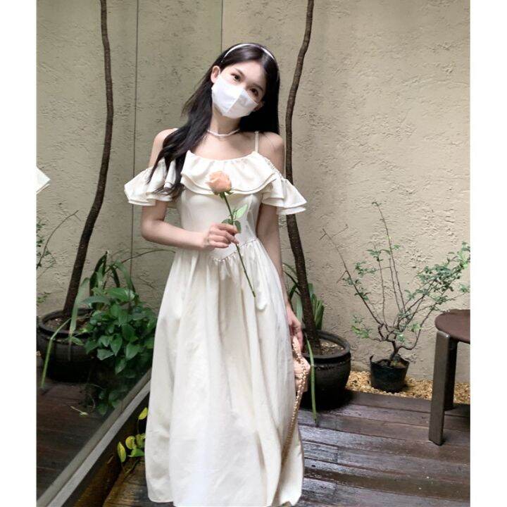 Off shoulder strap dress for women's new waistband slimming skirt Lazada