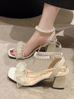 □❏♘ Sandals womens 2023 summer new fashion all-match French pearl one-word belt fairy wind thick heel high-heeled womens shoes