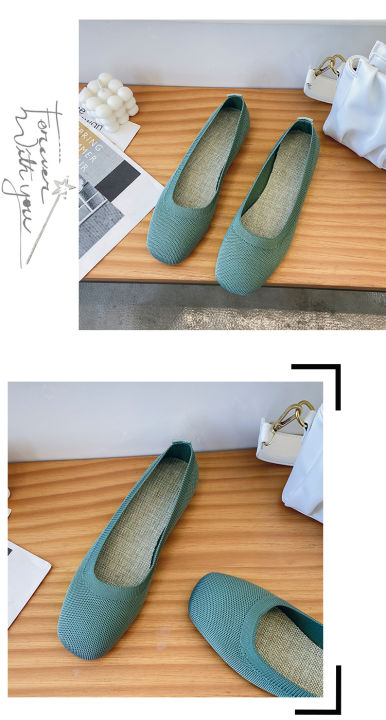 dikodumter-รองเท้าผู้หญิงนุ่มพื้นรองเท้าถัก-sepatu-slip-on-เด็กผู้หญิงสีทึบรองเท้าแฟลตหัวตัด