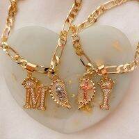 Gold Plated Tti-Color Virgim Mary &amp; Christ Heart Split Pendant &amp; Initial Letter Two Necklace Set