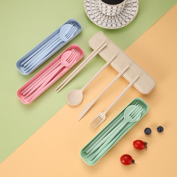 spoon-fork-chopsticks-cutlery-4pcs-set-wheat-straw-tableware-box-dinnerware-children-adult-travel-portable-kitchen-accessories-flatware-sets