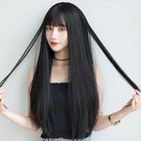 Headpiece for women with summer long hair, air bangs, black long straight, natural full head wig