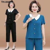 Mom summer fashion suit 2022 new middle-aged womens chiffon t-shirt middle-aged and elderly short-sleeved large-size two-piece set