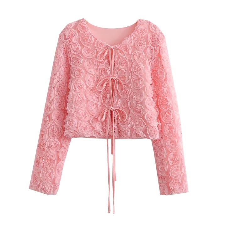 clazzaa-women-fashion-pink-flower-cardigan-round-neck-lace-up-long-sleeves-female-sweet-elegant-korean-outwear-jacket-coat