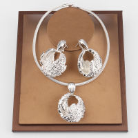 Trendy Classic Women Jewelry Set Silver Plated Leaf Pendant Necklace Earrings Nigeria Accessory for Weddings Bride Jewellery