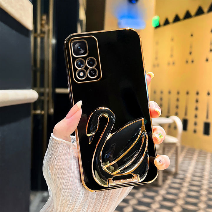 andyh-phone-case-for-xiaomi-poco-m4-pro-5g-case-creative-fashion-luxury-new-3d-swan-retractable-stand-phone-case-premium-simple-solid-color-straight-edge-plating-soft-silicone-shockproof-casing-protec