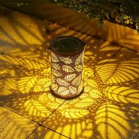 ○ↂஐ Garden Solar Lights Retro Metal Outdoor Hanging Solar Lantern IP44 Waterproof Leaf Pattern Projection Lamp Landscape Decoration