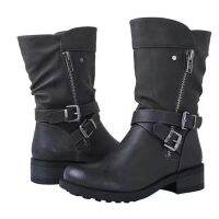 ✆﹍ Winter Womens Leather Boots Platform Retro Belt Buckle Mid Calf Boots 2023 Autumn New Plus Size 43 Ladies Boots Botas De Mujer