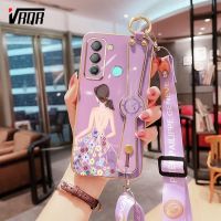 VRQR เคสโทรศัพท์ซิลิโคนตัวชุบโลหะหรูหราสำหรับ Infinix Tecno PoP 5 LTE BD4A BD4i BD4เด็กผู้หญิงขายึดซิลิโคนนิ่มเชือกยาวสายรัดข้อมือ