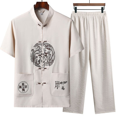 【CW】Chinese Traditional R Tang Suit Hanfu Embroidered Dragon Oversize Kung Fu Tai Chi Uniform Summer Short Sleeve Linen Outwear