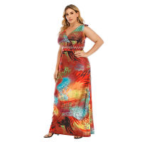 Us Hot-Selling Large Size Dress V-Neck Elastic Waist High Stretch Ice Silk Dress Graffiti 200Kg Can Be Worn