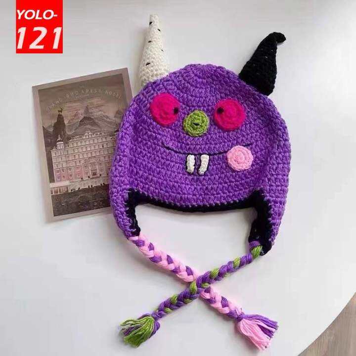 horn-demon-hat-purple-funny-hat-warm-knitted-wool-hat-men-ashion-cold-hat-trend-ear-protection-id-hat-uni-party-hat