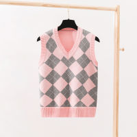 Autumn  Sweater Vest Pullover Girls Boy V Neck Sleeveless Streetwear Knitted Geometric Rhombic 4 Color Sweater Tops Clothing