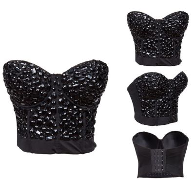 ชุดคอร์เซ็ทเซ็กซี่ ประดับเพชร สำหรับผู้หญิง Women Sexy Bustier Bra Crop Top Diamonds Black and Sliver Strapless Overbust Corset Clubwear Night dm