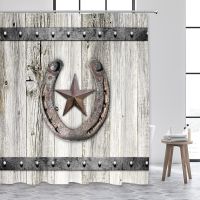 Vintage Old Horseshoe Texas Star Bathroom Shower Curtains Retro Gray Wood Board Background Modern Home Decor Bath Curtain Fabric