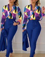 Fashion Print 2 Piece Set Women Casual Long Sleeve Shirt Pants Suits Elegant Female Office Blouses Top High Waist Pants Outifits