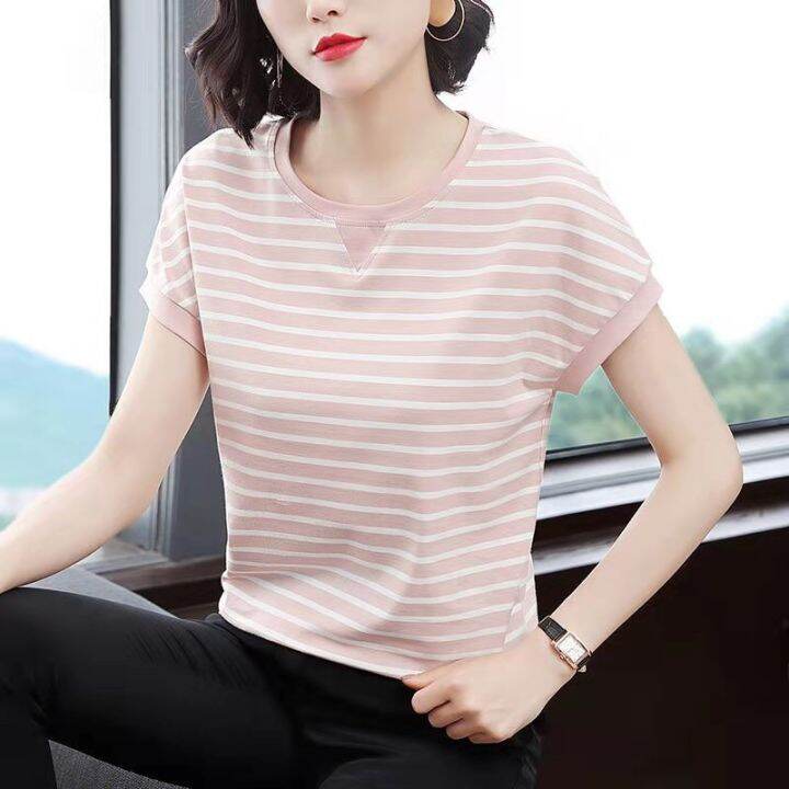 may-shopรุ่น-319-สไตล์เกาหลีรุ่นใหม่หลวมและบางแนวโน้มขนาดใหญ่เสื้อยืดแขนสั้นผู้หญิงลายทางในฤดูร้อน-bottoming-พร้อมส่ง