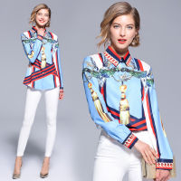 Dropshipping Spring Summer Fall Runway Vintage Print Collar Long Sleeve OL Turn-Down Neck Womens Party Casual Top Shirts Blouse