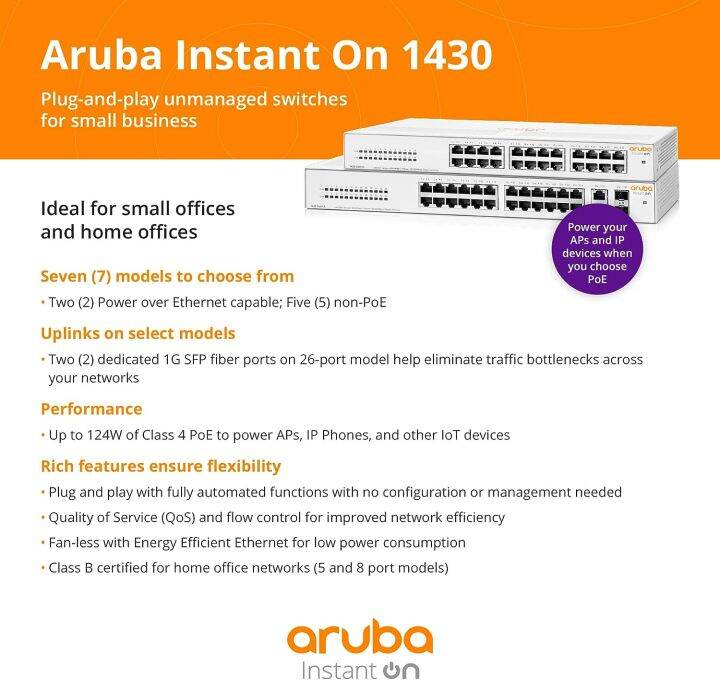 aruba-poe-switch-instant-on-1430-16g-124w-r8r48a-เน็ตเวิร์กสวิตช์-ของแท้-ประกันศูนย์ตลอดอายุการใช้งาน