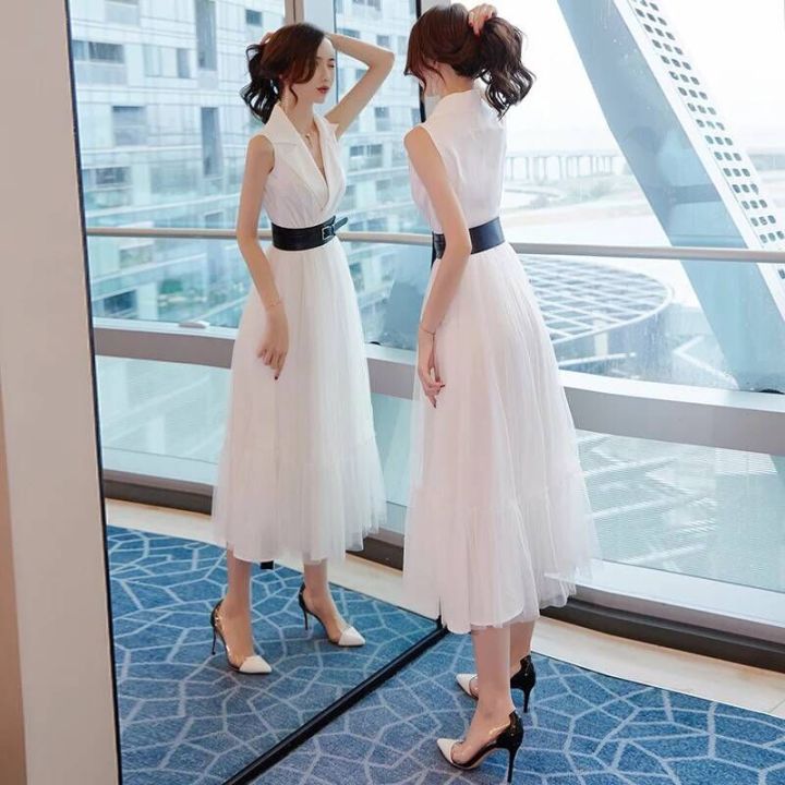 กระโปรงยาวแฟชั่นกระโปรงฤดูร้อนของผู้หญิงสีขาวบางชุดเดรสสไตล์เกาหลี2023แบบมืออาชีพกระโปรงยาวสีขาว