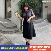 Plus size เสื้อผ้าสาวอวบ❤ เดรสสาวอวบอ้วน ไซส์ใหญ่ ผู้หญิง เดรสโปโล ยาว แขนสั้น คอปก ฤดูร้อน สไตล์เกาหลีแฟชั่น V728