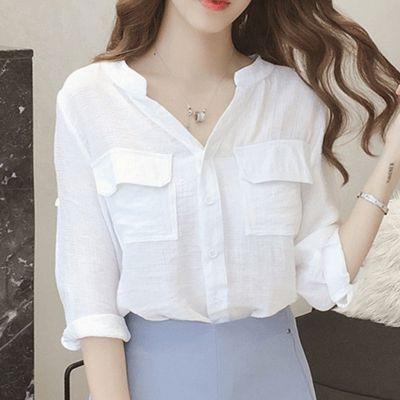 เสื้อสีขาวเสื้อเชิ้ตคอวีแขน3/4สไตล์เกาหลีสำหรับผู้หญิงเสื้อลำลองสีบริสุทธิ์แบบหนา
