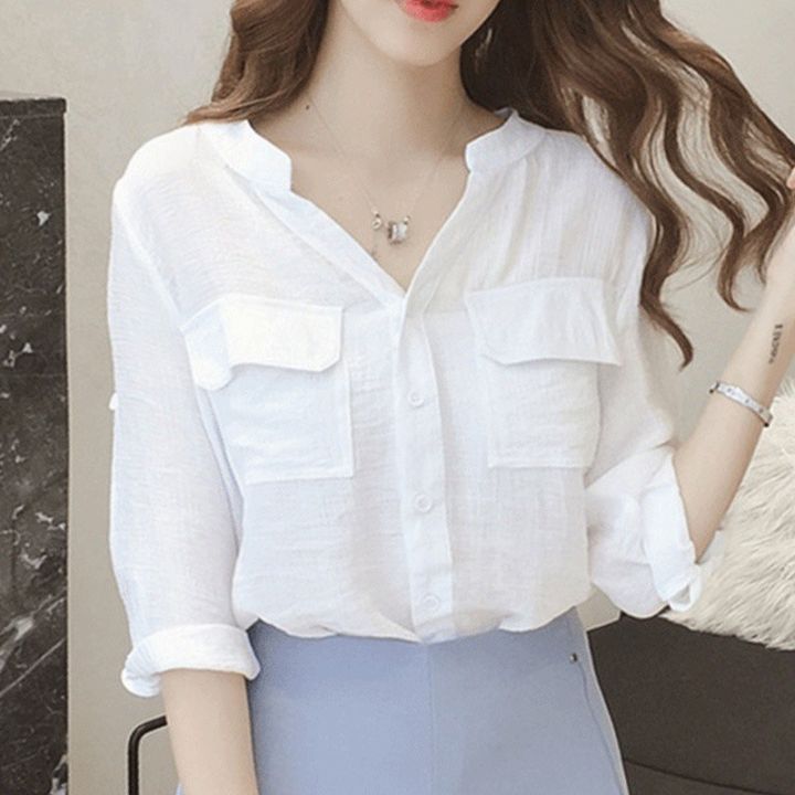 เสื้อสีขาวเสื้อเชิ้ตคอวีแขน3-4สไตล์เกาหลีสำหรับผู้หญิงเสื้อลำลองสีบริสุทธิ์แบบหนา