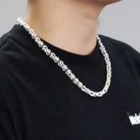 【HOT】 Really 100 925 Sterling Silver Box Chain Necklace Fashion Men 7mm 52cm Choker Hip-hop Punk Skeleton Chain Jewelry