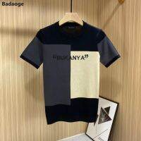 Burberry เสื้อสเวตเตอร์ปักลายบล็อกสีแบรนด์แฟชั่นของผู้ชายเสื้อถักเข้ารูปสำหรับผู้ชายแขนสั้น